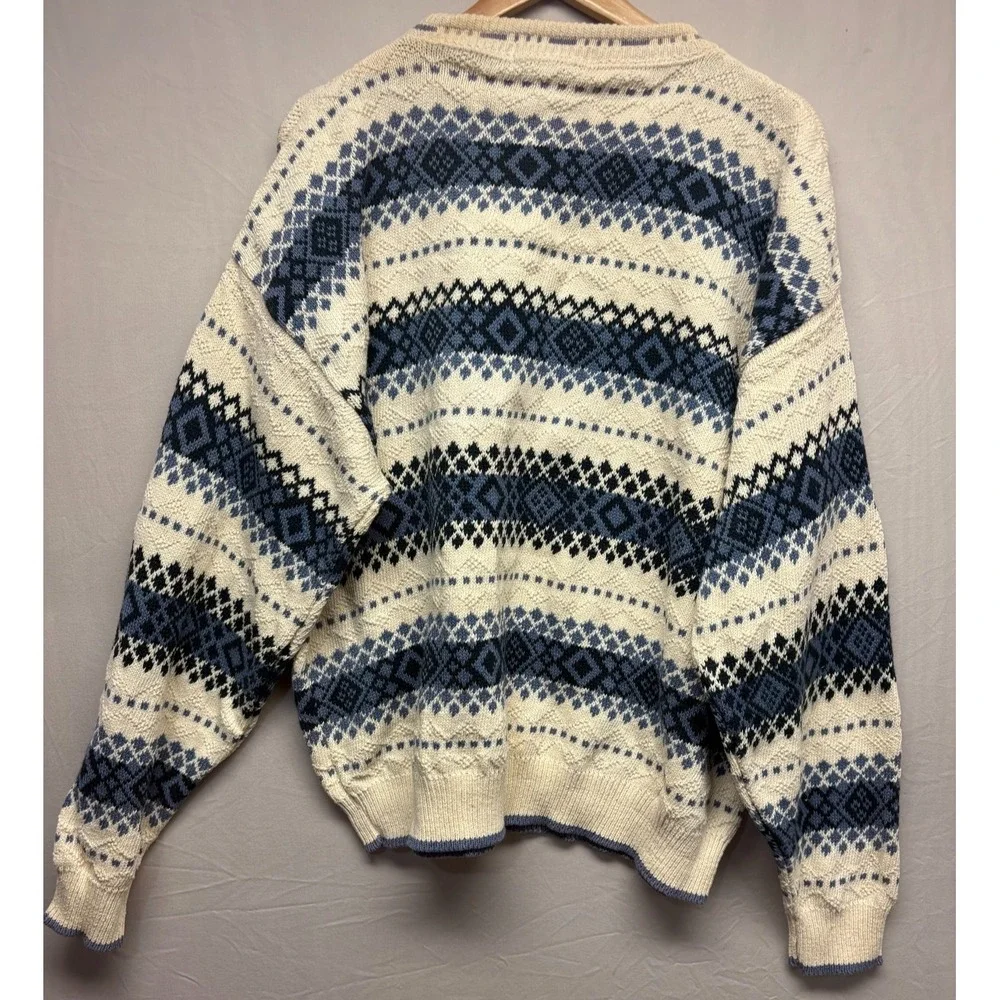 John Weitz Pullover Sweater Men's White Blue Crew‎ Neck Argyle Stripe XL Vintage